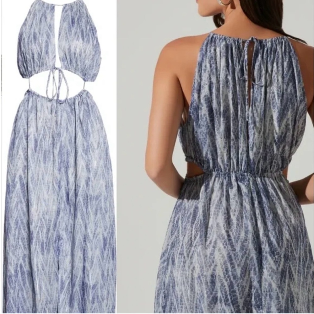 Astr Blue and White Snake Print Cut Out Maxi Dress NWT